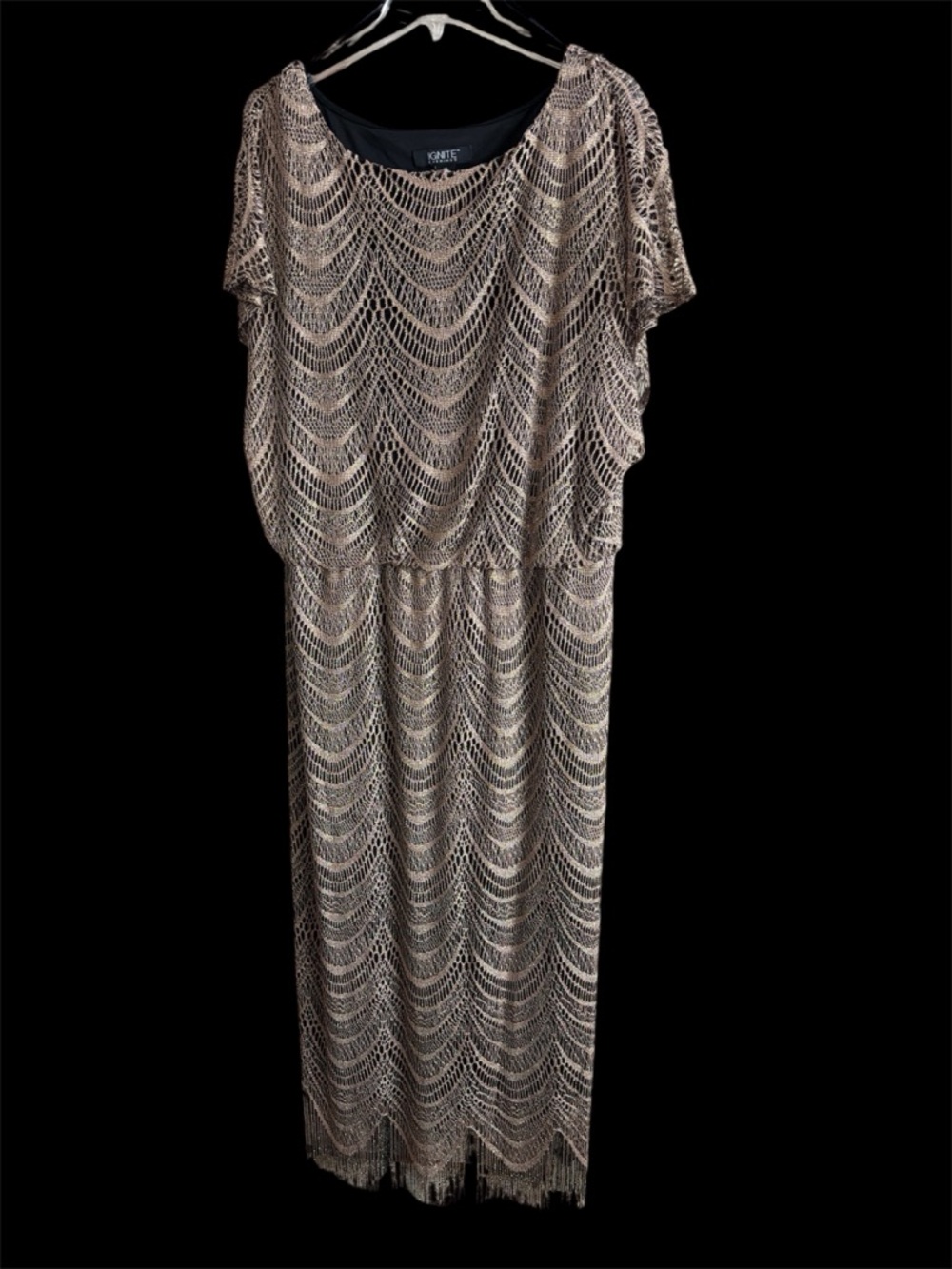 Ignite Evenings Short Sleeve Fringe Hem Taupe Crochet Blouson Maxi Dress